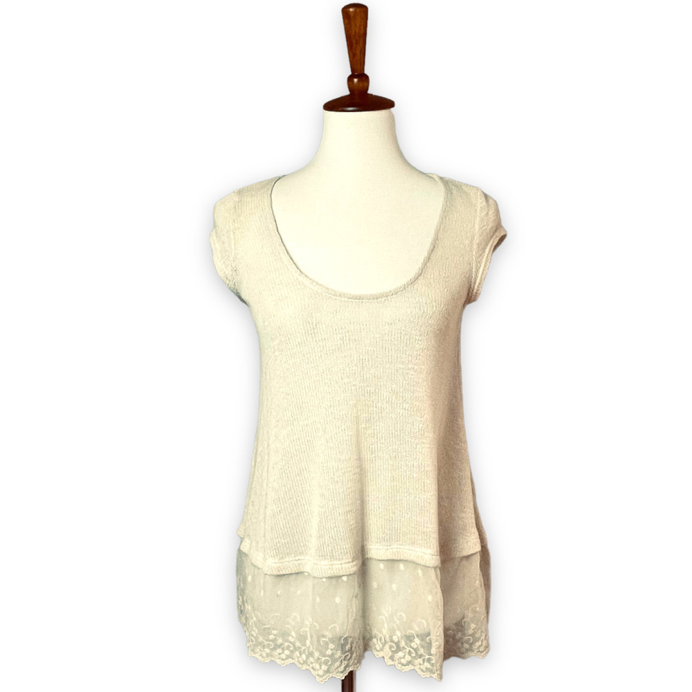🍀 KIMCHI BLUE women's ivory scoop neck short sleeve lace blouse top size small